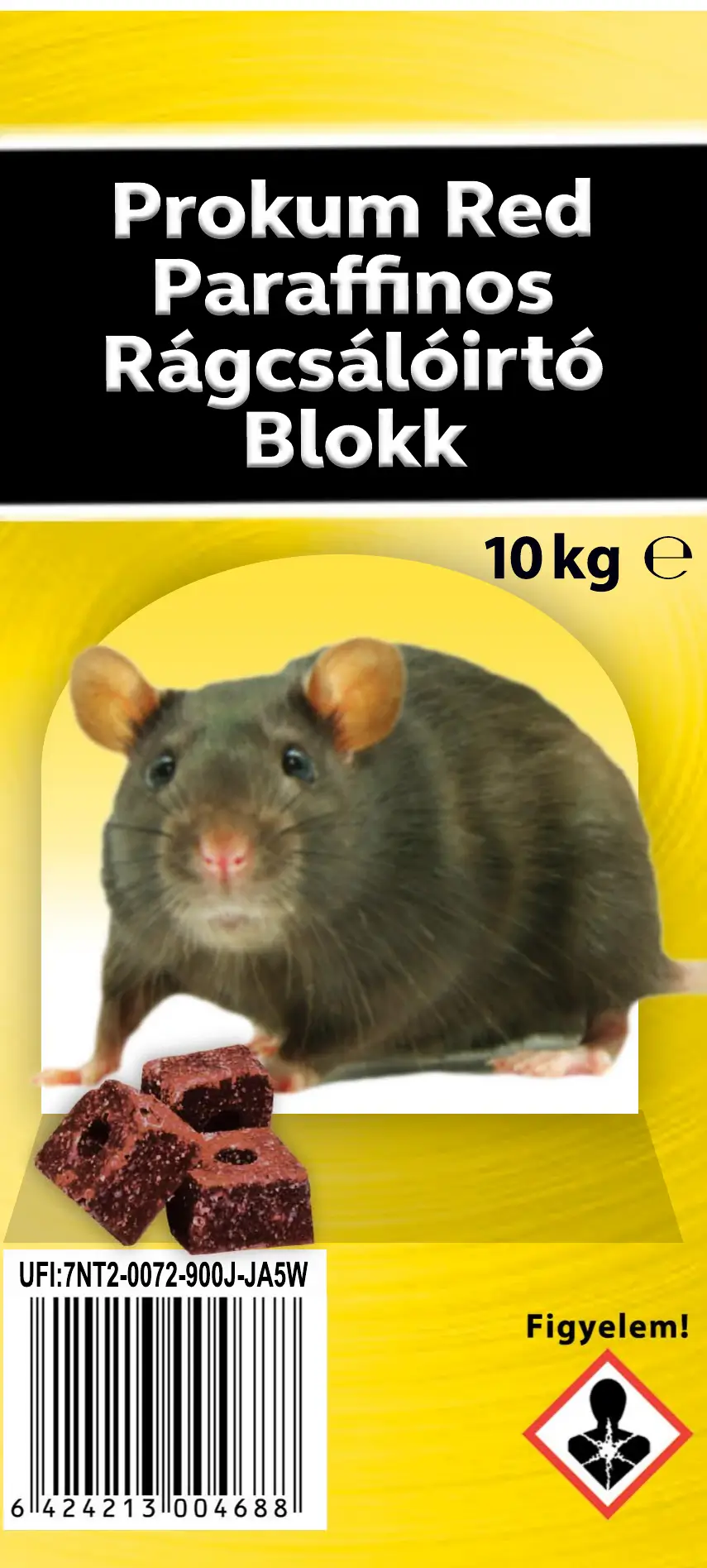 Prokum Red Block rágcsálóirtószer címkéje-rajta egy patkánnyal és a termékkel