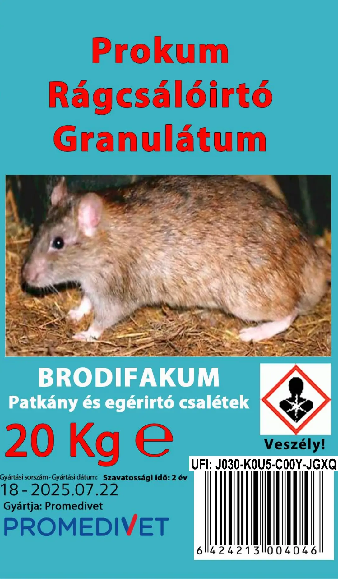 Prokum_Granulatum_20kg Prokum rágcsálóirtó granulátum címkéje-rajta egy patkány