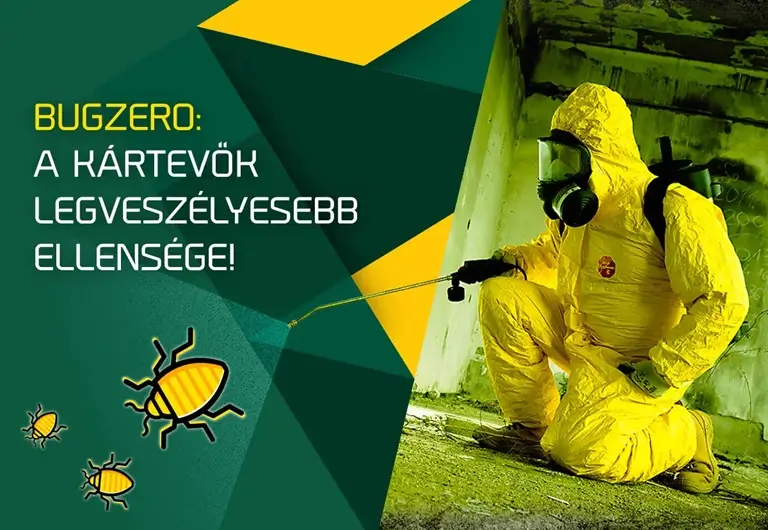 Kártevőirtó védőruhában permetez egy elhagyatott épületben – BugZero szolgáltatás