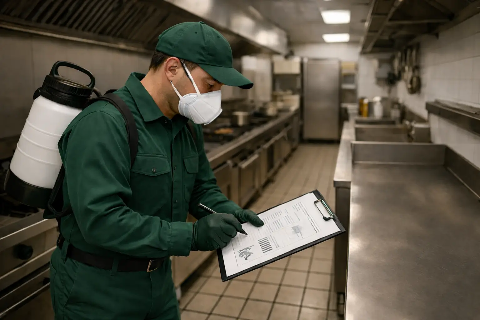 Rovarirtási ellenőrzés éttermi konyhában, HACCP előírások szerint – szakember ellenőrzési jegyzőkönyvet tölt ki ipari konyhai környezetben
