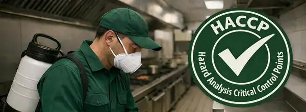 HACCP élelmiszerbiztonsági ellenőrzés ipari konyhában, maszkot viselő dolgozóval és HACCP tanúsítvánnyal