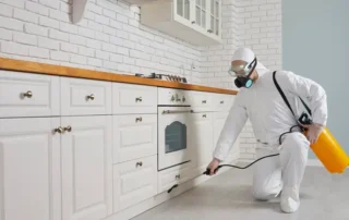Rovarirtó szakember védőruhában permetezőgéppel hangyairtást végez egy konyhában - hatékony hangyairtás szolgáltatás a Bugzero -tól.