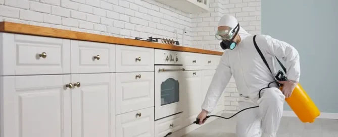 Rovarirtó szakember védőruhában permetezőgéppel hangyairtást végez egy konyhában - hatékony hangyairtás szolgáltatás a Bugzero -tól.
