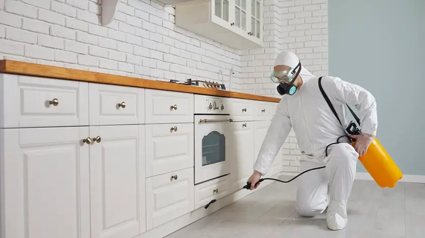 Rovarirtó szakember védőruhában permetezőgéppel hangyairtást végez egy konyhában - hatékony hangyairtás szolgáltatás a Bugzero -tól.